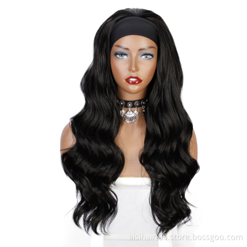 Aisi Dropshipping Glueless Long Body Wave Black Wavy Half Wigs No Lace For Black Women Synthetic Elastic Attached Headband Wig